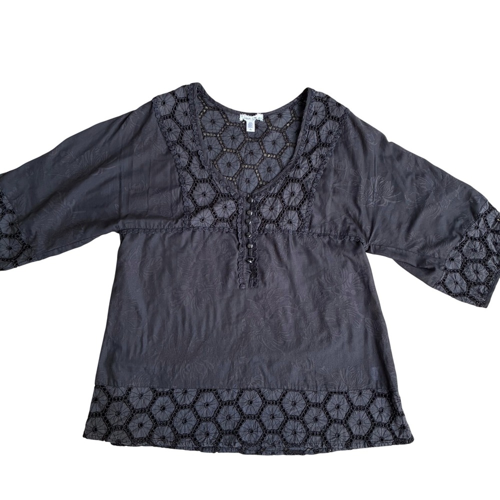 Black Crochet Lace Boho Blouse Floral 3/4 Sleeve Small Whimsigoth Dark Academia